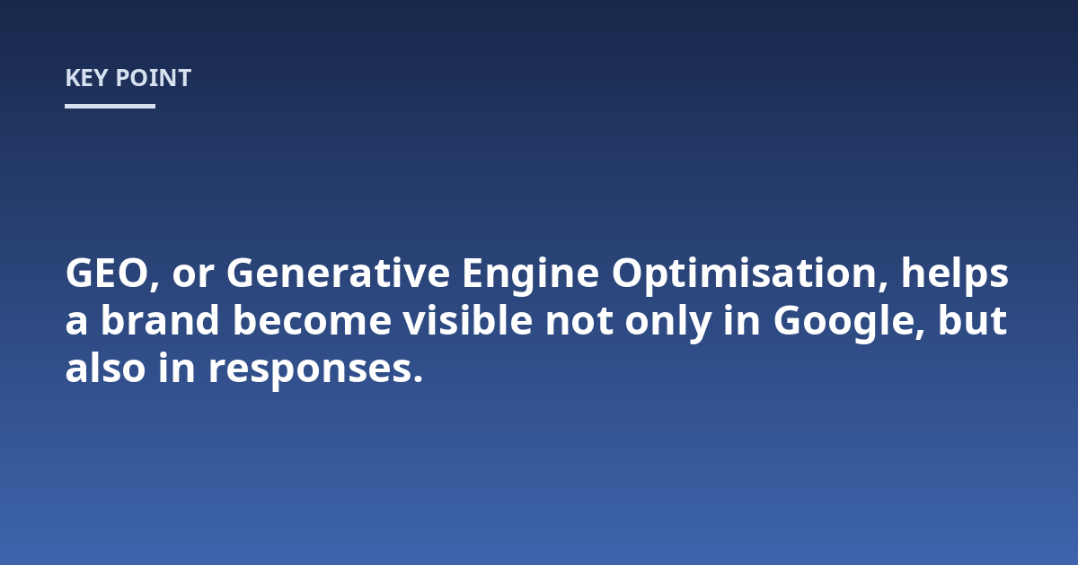 GEO, or Generative Engine Optimisation, helps a brand become visible not only in Google, but also in responses.
