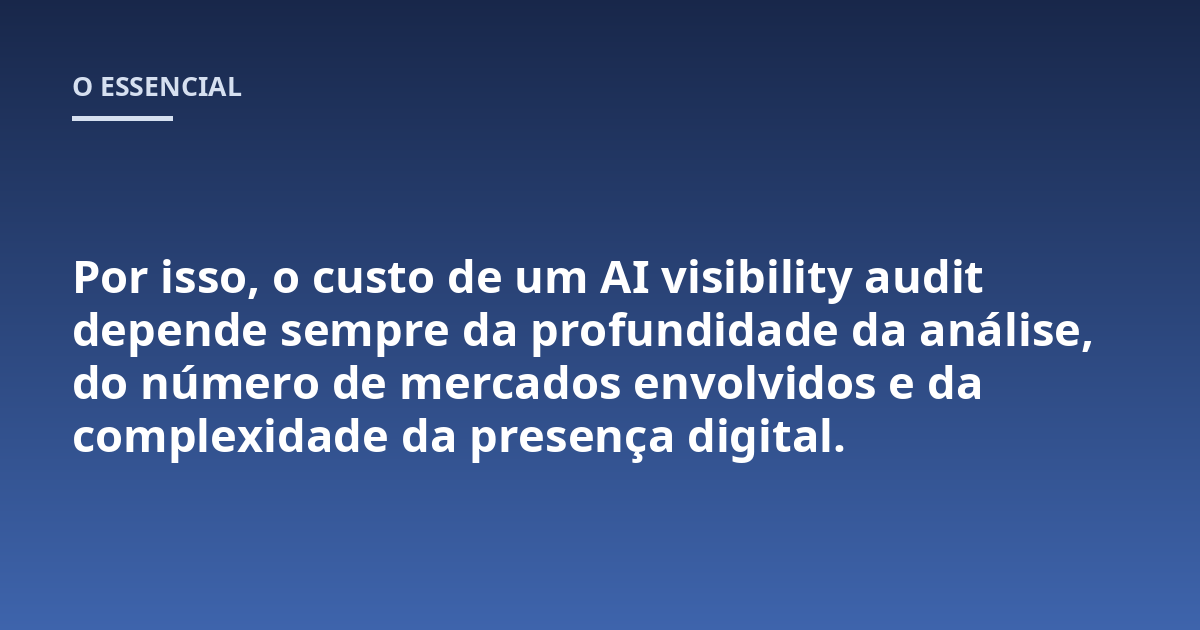 Por isso, o custo de um AI visibility audit depende sempre da profundidade da análise, do número de mercados envolvidos e da complexidade da presença digital.