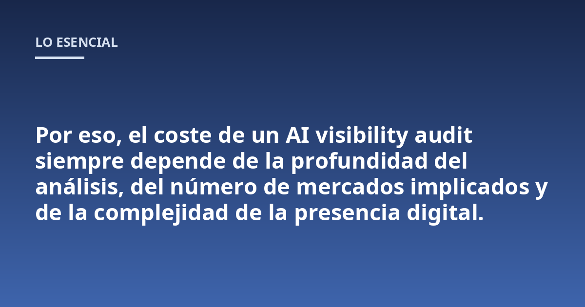 Por eso, el coste de un AI visibility audit siempre depende de la profundidad del análisis, del número de mercados implicados y de la complejidad de la presencia digital.