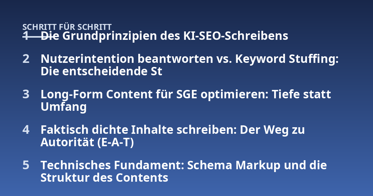 Die Grundprinzipien des KI-SEO-Schreibens; Nutzerintention beantworten vs. Keyword Stuffing: Die entscheidende St; Long-Form Content für SGE optimieren: Tiefe statt Umfang; Faktisch dichte Inhalte schreiben: Der Weg zu A