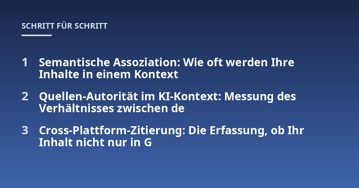Semantische Assoziation: Wie oft werden Ihre Inhalte in einem Kontext ; Quellen-Autorität im KI-Kontext: Messung des Verhältnisses zwischen de; Cross-Plattform-Zitierung: Die Erfassung, ob Ihr Inhalt nicht nur in G