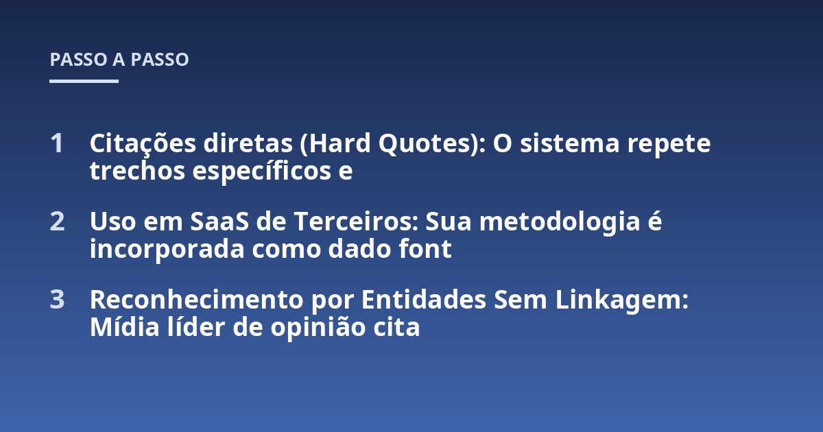 Citações diretas (Hard Quotes): O sistema repete trechos específicos e; Uso em SaaS de Terceiros: Sua metodologia é incorporada como dado font; Reconhecimento por Entidades Sem Linkagem: Mídia líder de opinião cita