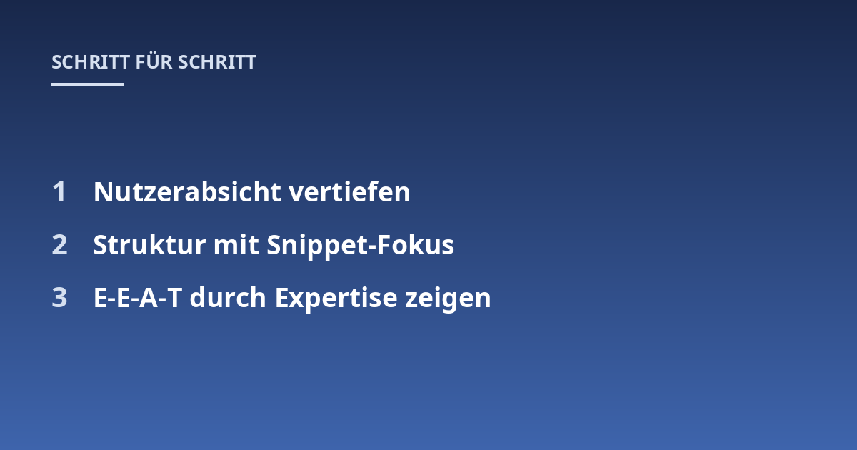 Nutzerabsicht vertiefen; Struktur mit Snippet-Fokus; E-E-A-T durch Expertise zeigen