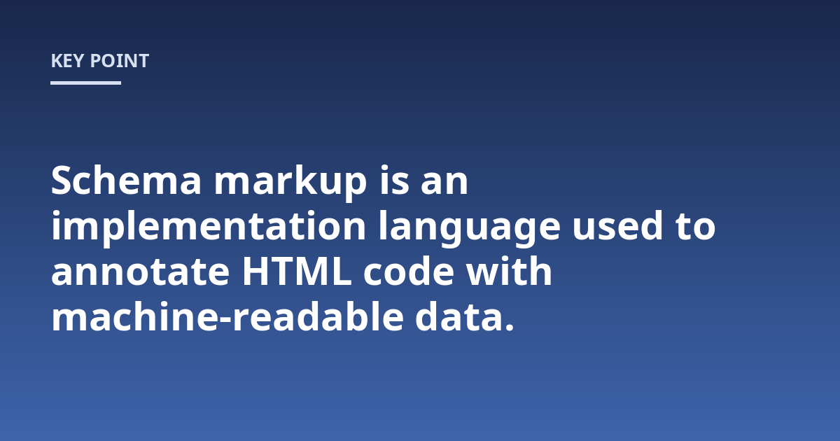 Schema markup is an implementation language used to annotate HTML code with machine-readable data.
