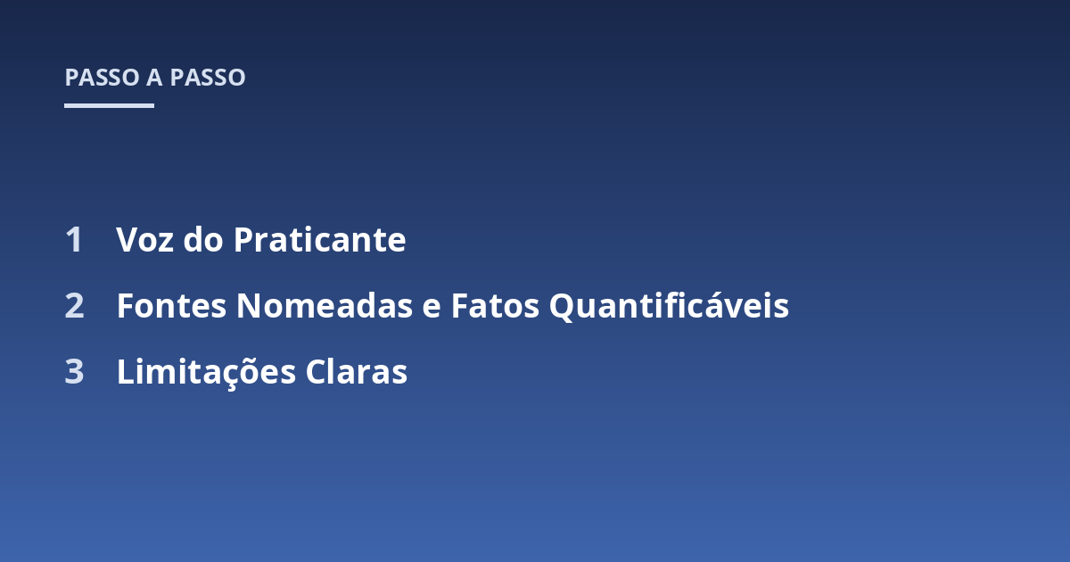 Voz do Praticante; Fontes Nomeadas e Fatos Quantificáveis; Limitações Claras