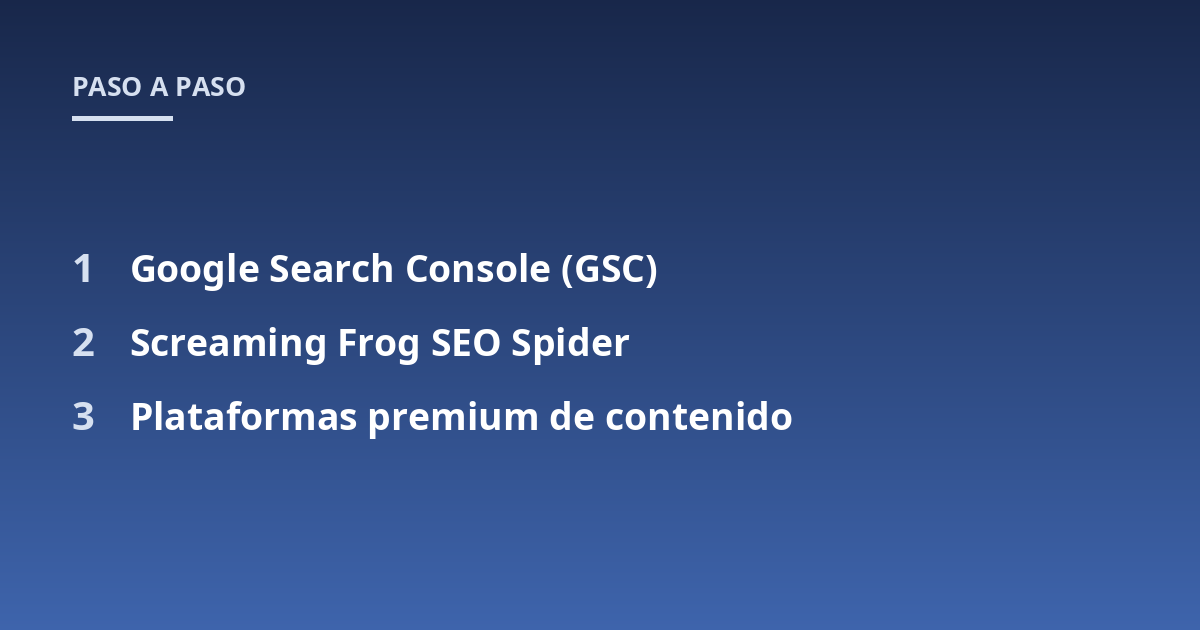 Google Search Console (GSC); Screaming Frog SEO Spider; Plataformas premium de contenido