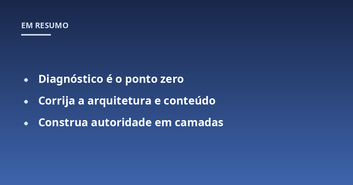 Diagnóstico é o ponto zero; Corrija a arquitetura e conteúdo; Construa autoridade em camadas