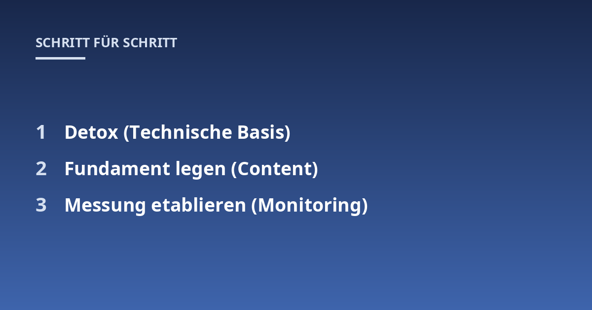 Detox (Technische Basis); Fundament legen (Content); Messung etablieren (Monitoring)