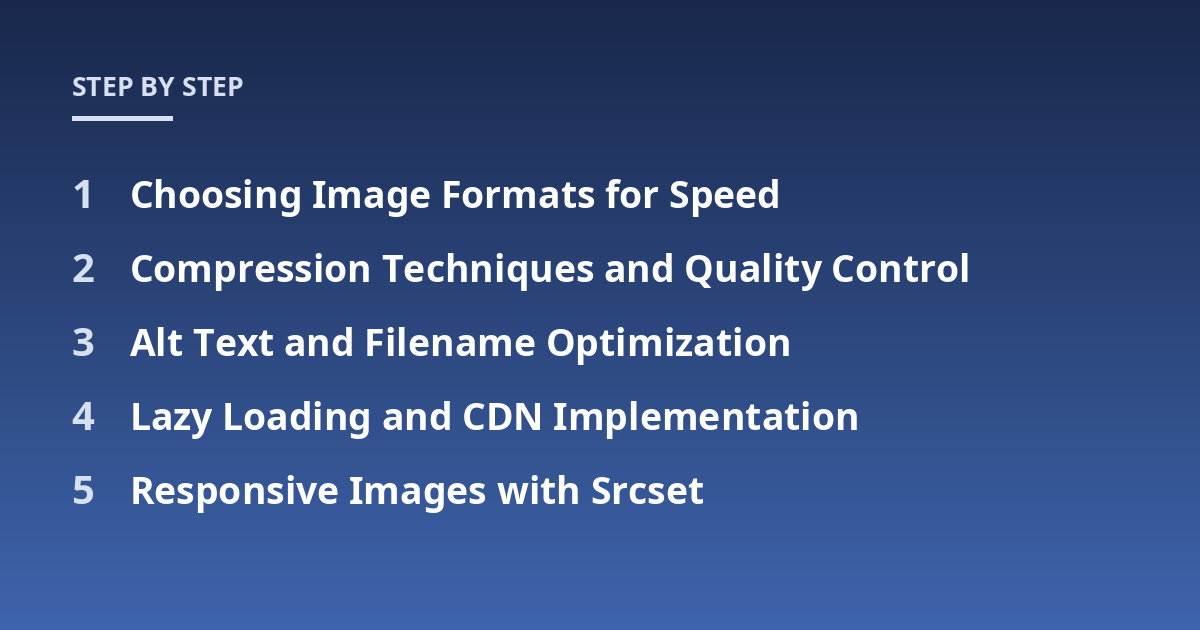 Choosing Image Formats for Speed; Compression Techniques and Quality Control; Alt Text and Filename Optimization; Lazy Loading and CDN Implementation; Responsive Images with Srcset