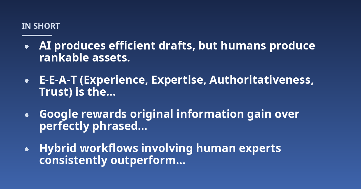 AI produces efficient drafts, but humans produce rankable assets.; E-E-A-T (Experience, Expertise, Authoritativeness, Trust) is the...; Google rewards original information gain over perfectly phrased...; Hybrid workflows inv