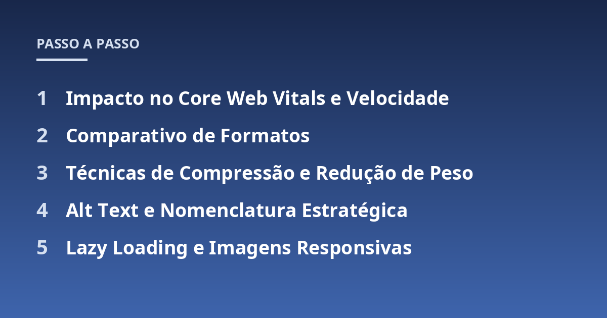 Impacto no Core Web Vitals e Velocidade; Comparativo de Formatos; Técnicas de Compressão e Redução de Peso; Alt Text e Nomenclatura Estratégica; Lazy Loading e Imagens Responsivas