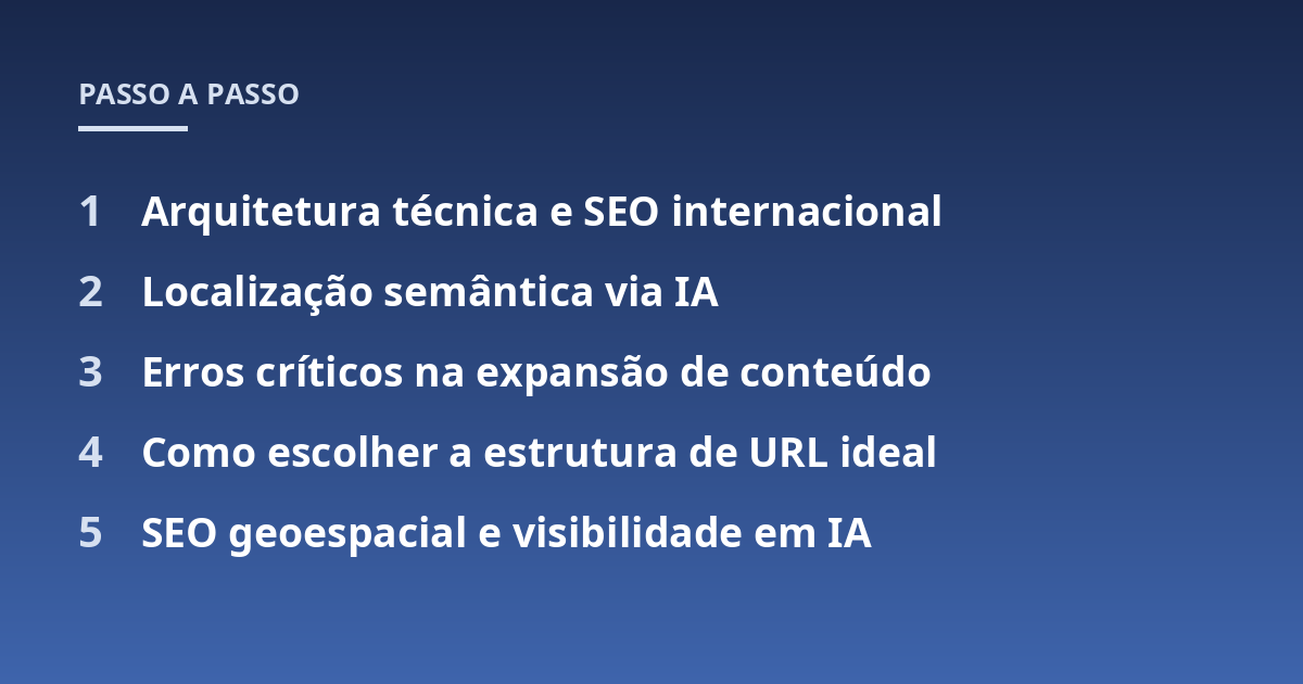 Arquitetura técnica e SEO internacional; Localização semântica via IA; Erros críticos na expansão de conteúdo; Como escolher a estrutura de URL ideal; SEO geoespacial e visibilidade em IA