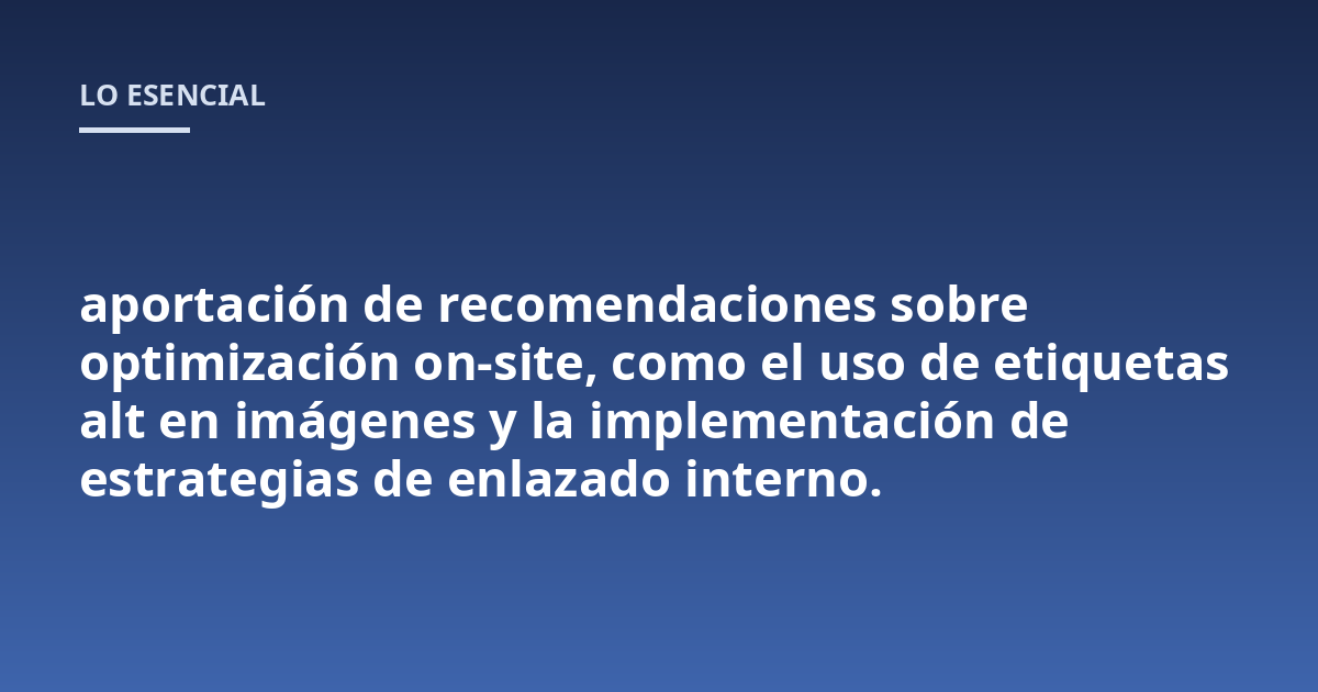 aportación de recomendaciones sobre optimización on-site, como el uso de etiquetas alt en imágenes y la implementación de estrategias de enlazado interno.