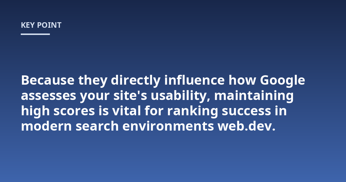 Because they directly influence how Google assesses your site's usability, maintaining high scores is vital for ranking success in modern search environments web.dev.
