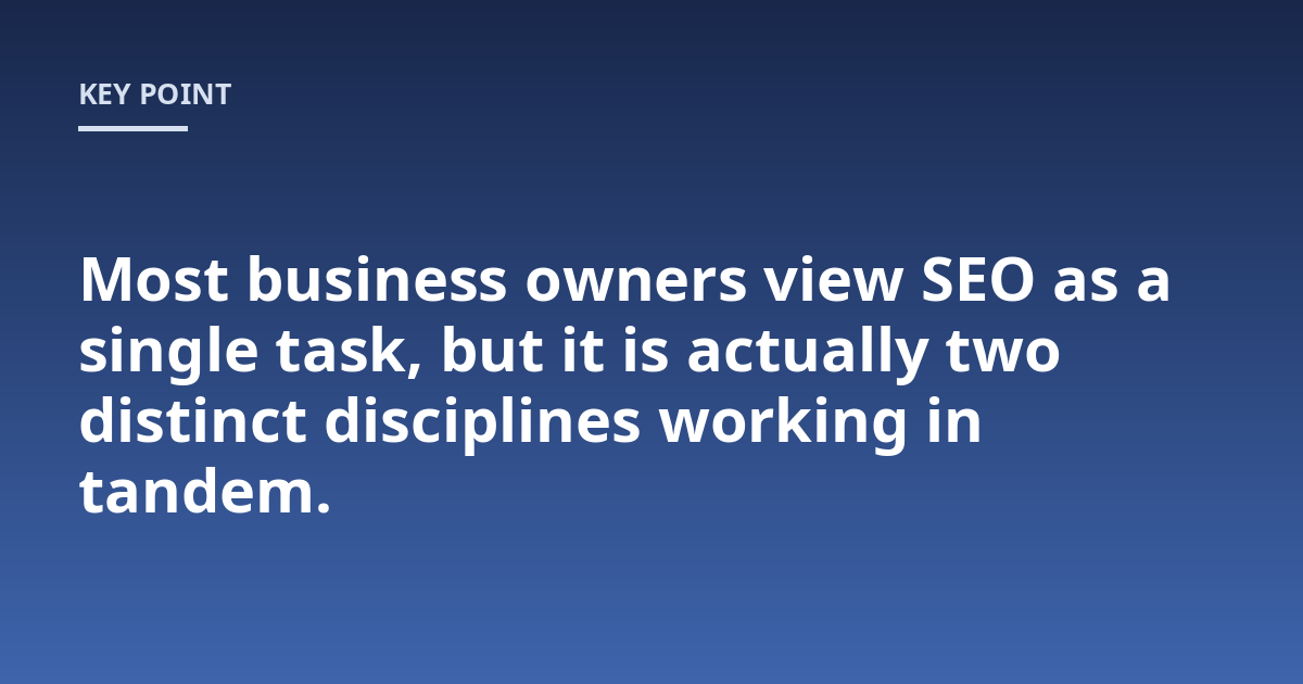 Most business owners view SEO as a single task, but it is actually two distinct disciplines working in tandem.