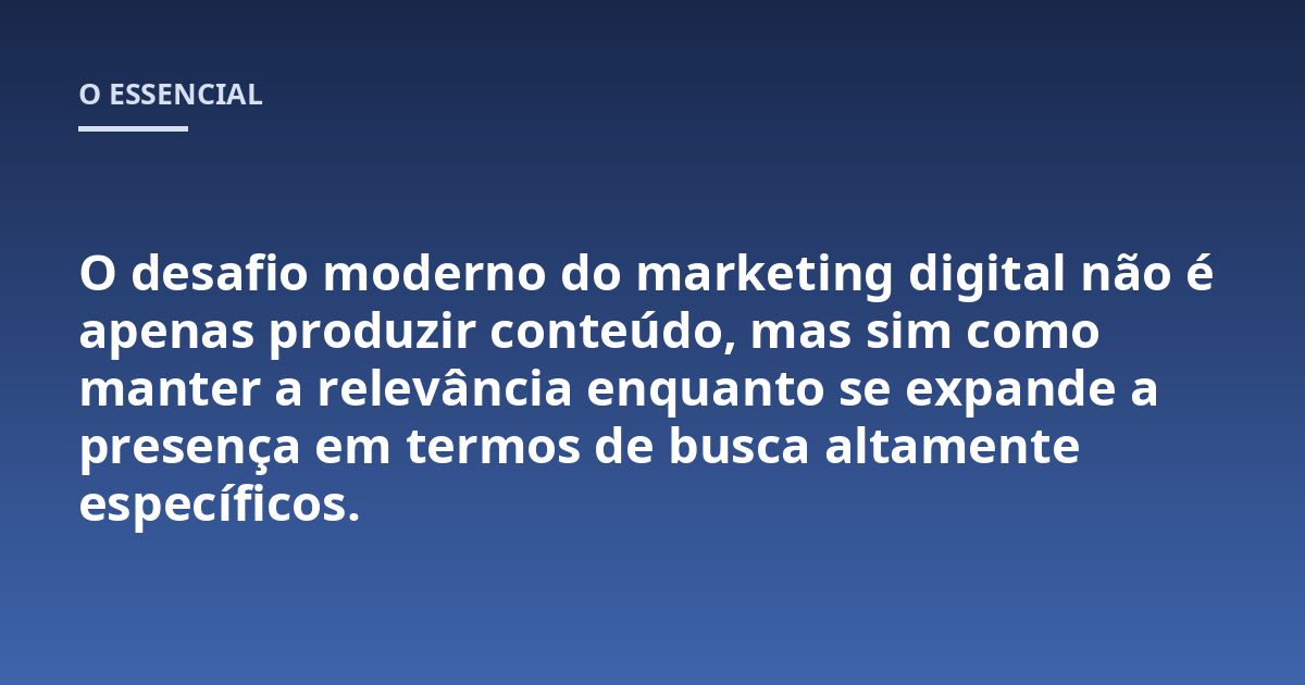 O desafio moderno do marketing digital não é apenas produzir conteúdo, mas sim como manter a relevância enquanto se expande a presença em termos de busca altamente específicos.