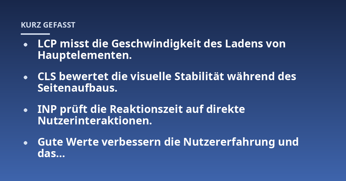 LCP misst die Geschwindigkeit des Ladens von Hauptelementen.; CLS bewertet die visuelle Stabilität während des Seitenaufbaus.; INP prüft die Reaktionszeit auf direkte Nutzerinteraktionen.; Gute Werte verbessern die Nutze