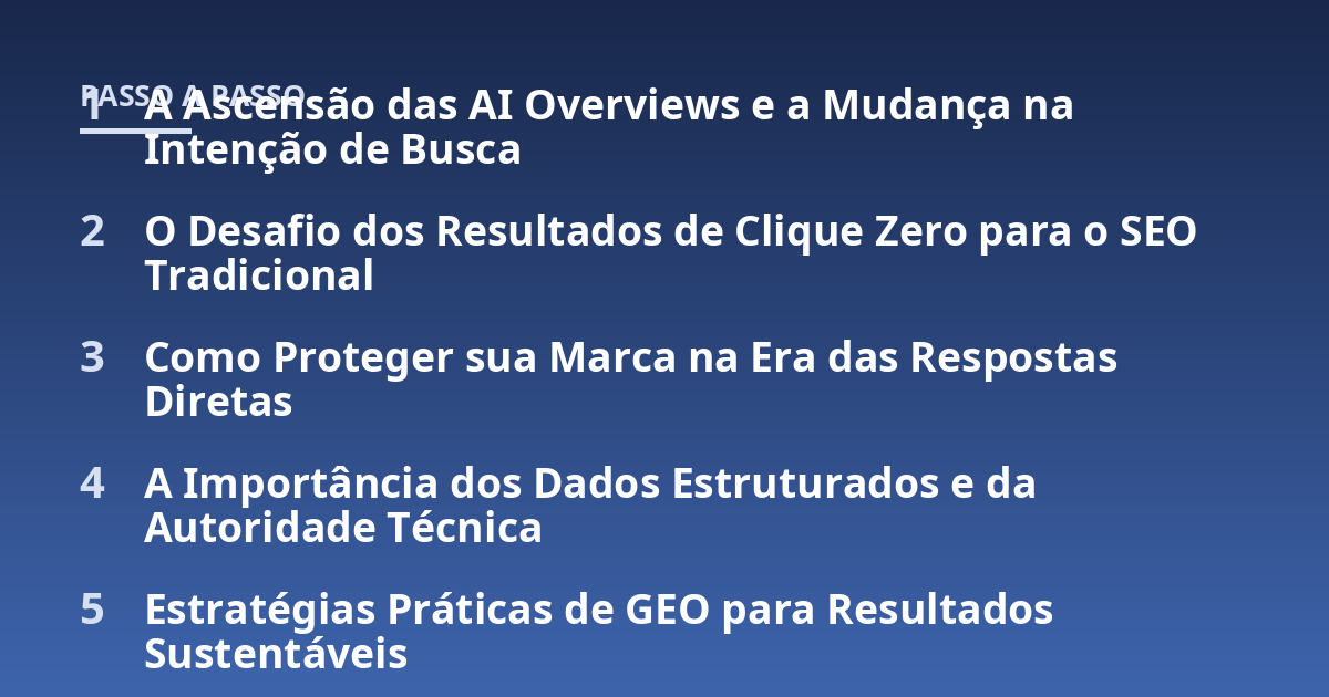 A Ascensão das AI Overviews e a Mudança na Intenção de Busca; O Desafio dos Resultados de Clique Zero para o SEO Tradicional; Como Proteger sua Marca na Era das Respostas Diretas; A Importância dos Dados Estruturados e d