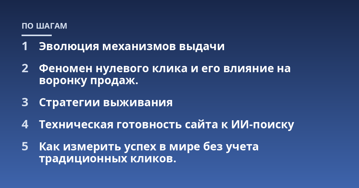 Эволюция механизмов выдачи; Феномен нулевого клика и его влияние на воронку продаж.; Стратегии выживания; Техническая готовность сайта к ИИ-поиску; Как измерить успех в мире без учета традиционных кликов.