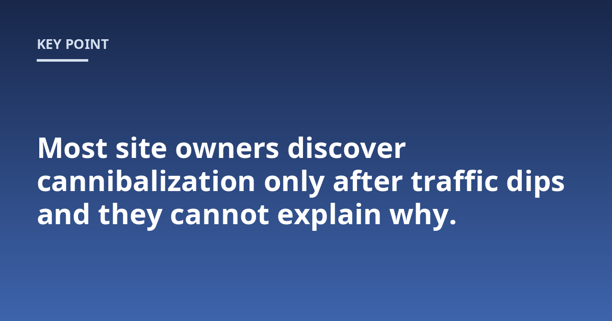 Most site owners discover cannibalization only after traffic dips and they cannot explain why.