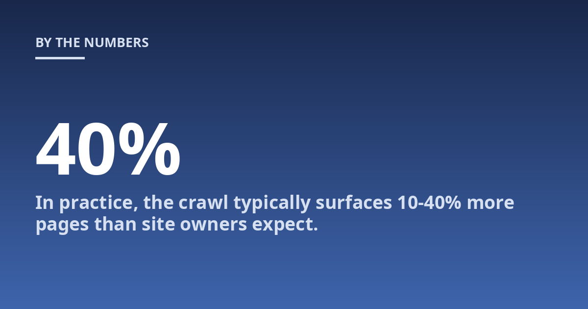 In practice, the crawl typically surfaces 10-40% more pages than site owners expect.