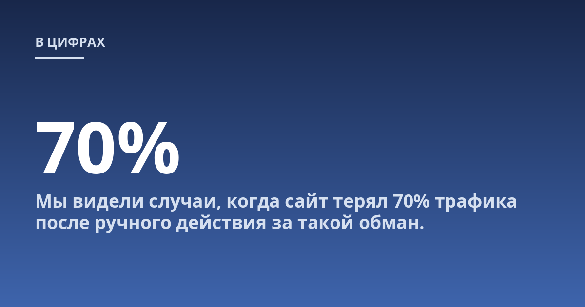 Мы видели случаи, когда сайт терял 70% трафика после ручного действия за такой обман.