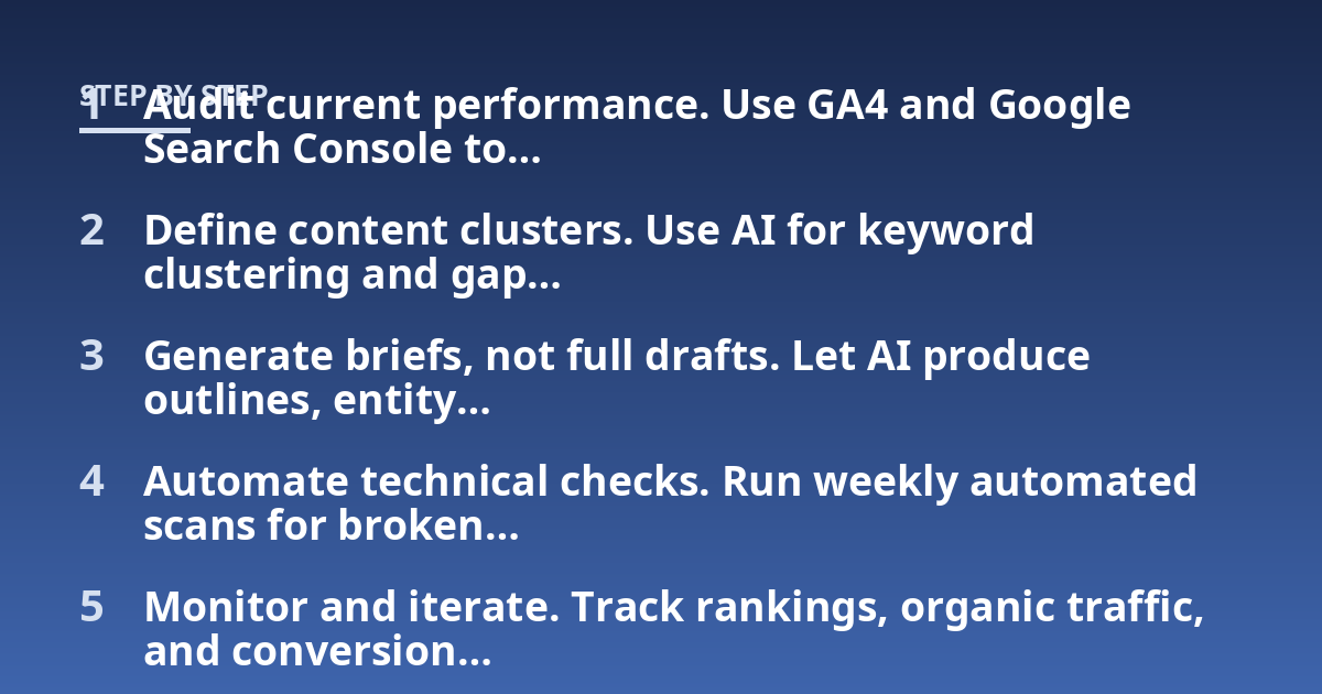 Audit current performance. Use GA4 and Google Search Console to...; Define content clusters. Use AI for keyword clustering and gap...; Generate briefs, not full drafts. Let AI produce outlines, entity...; Automate technical ch