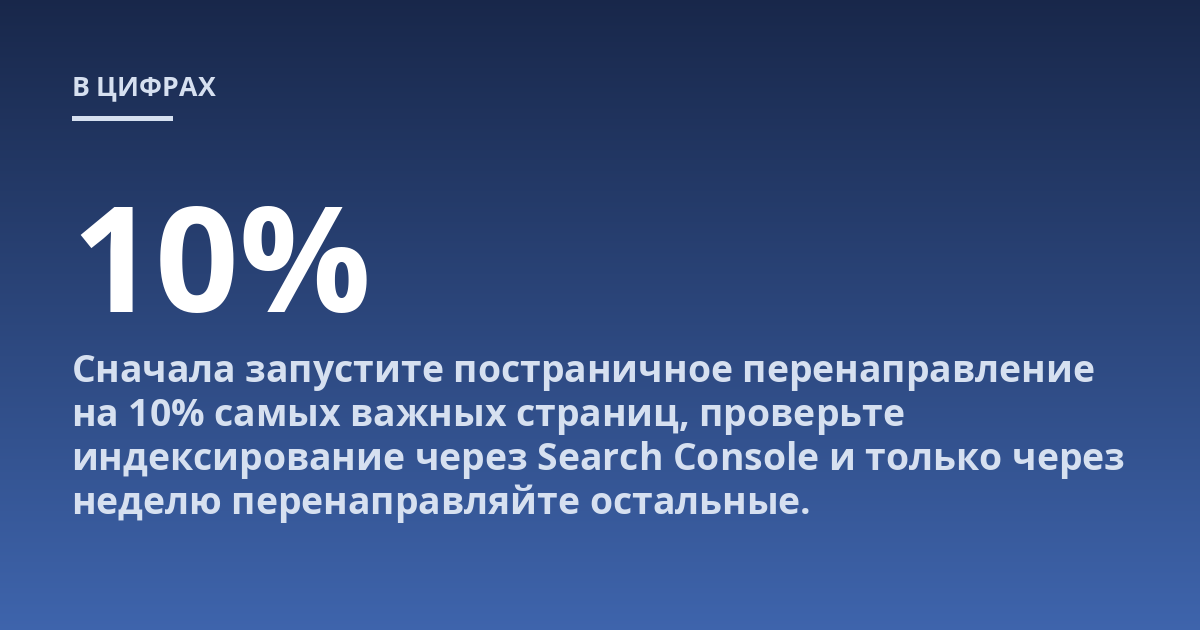 Сначала запустите постраничное перенаправление на 10% самых важных страниц, проверьте индексирование через Search Console и только через неделю перенаправляйте остальные.