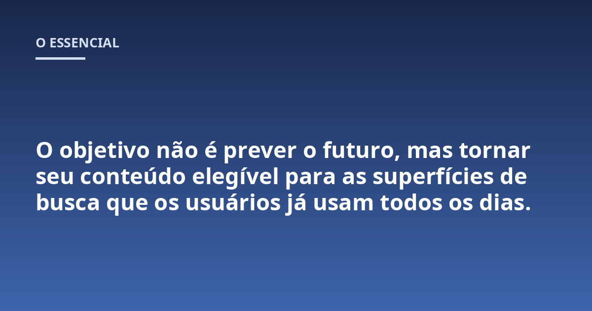 O objetivo não é prever o futuro, mas tornar seu conteúdo elegível para as superfícies de busca que os usuários já usam todos os dias.