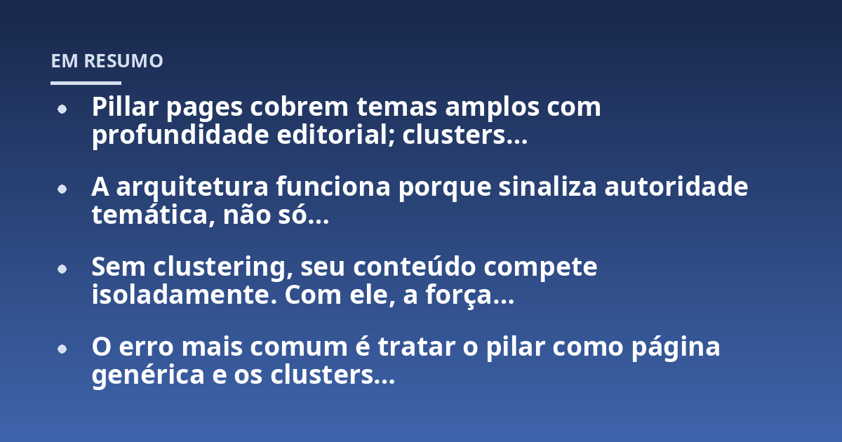 Pillar pages cobrem temas amplos com profundidade editorial; clusters...; A arquitetura funciona porque sinaliza autoridade temática, não só...; Sem clustering, seu conteúdo compete isoladamente. Com ele, a força...; O erro ma