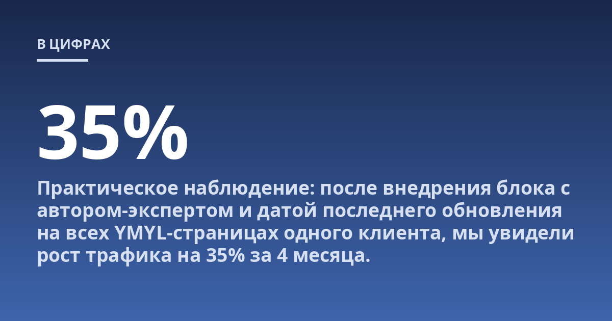 Практическое наблюдение: после внедрения блока с автором-экспертом и датой последнего обновления на всех YMYL-страницах одного клиента, мы увидели рост трафика на 35% за 4 месяца.