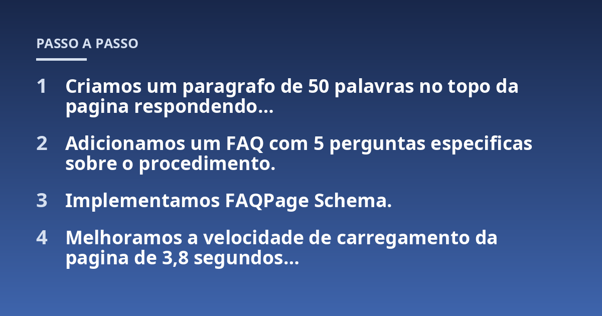 Criamos um paragrafo de 50 palavras no topo da pagina respondendo...; Adicionamos um FAQ com 5 perguntas especificas sobre o procedimento.; Implementamos FAQPage Schema.; Melhoramos a velocidade de carregamento da pagina d