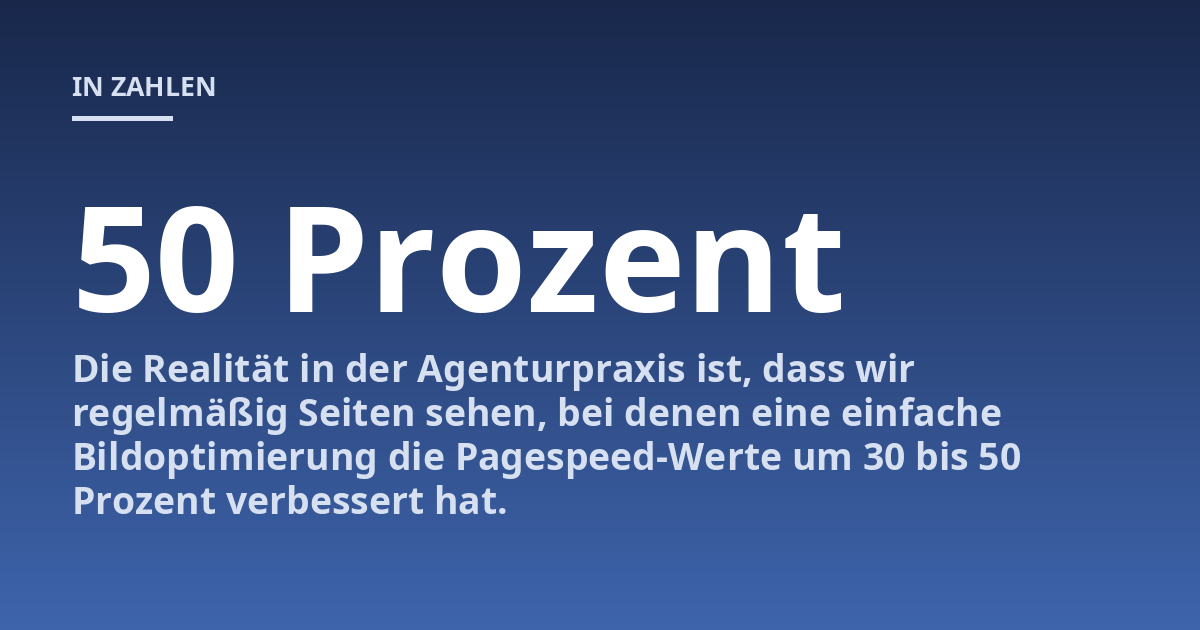 Die Realität in der Agenturpraxis ist, dass wir regelmäßig Seiten sehen, bei denen eine einfache Bildoptimierung die Pagespeed-Werte um 30 bis 50 Prozent verbessert hat.