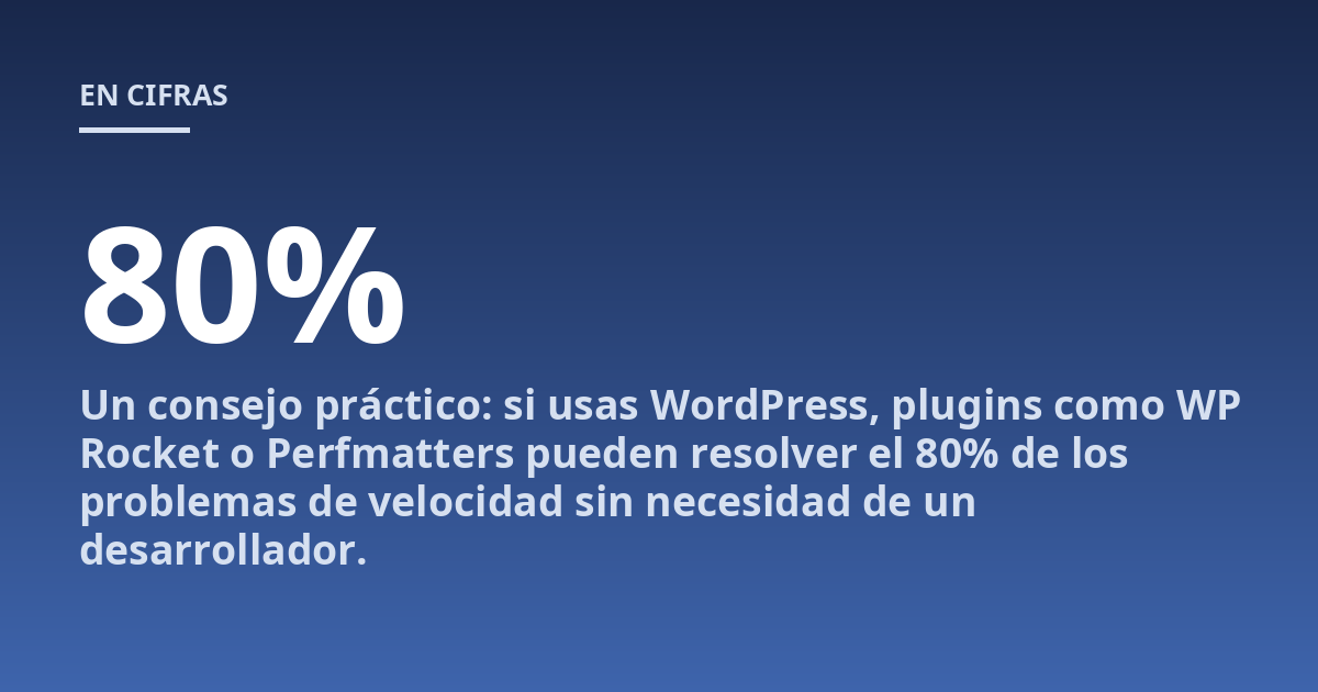 Un consejo práctico: si usas WordPress, plugins como WP Rocket o Perfmatters pueden resolver el 80% de los problemas de velocidad sin necesidad de un desarrollador.
