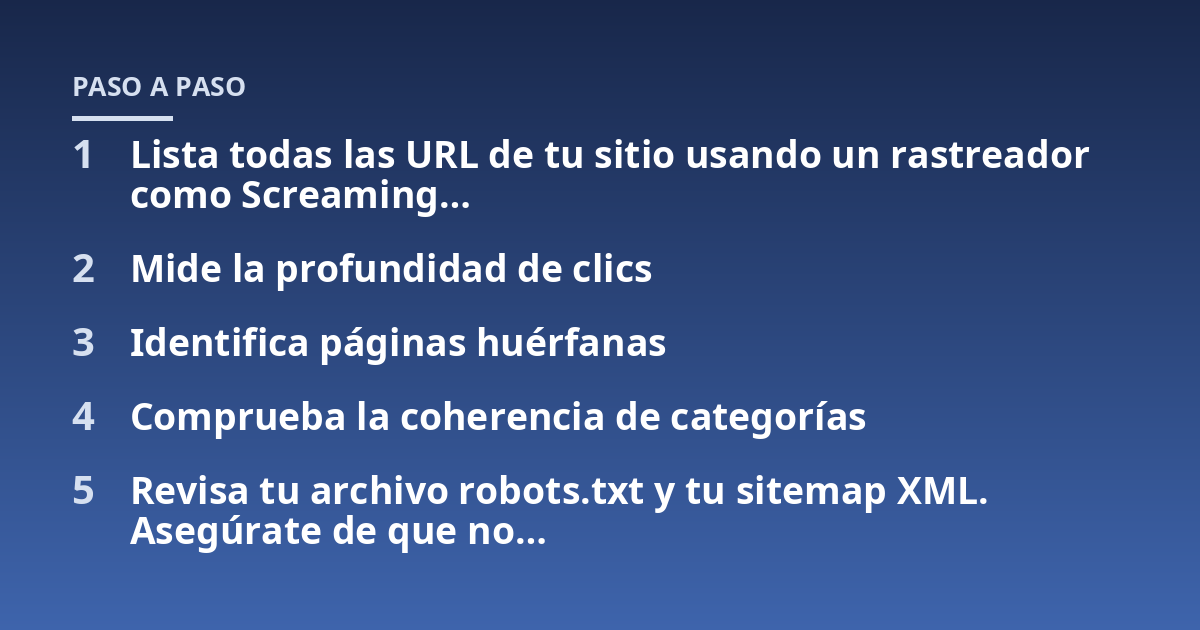 Lista todas las URL de tu sitio usando un rastreador como Screaming...; Mide la profundidad de clics; Identifica páginas huérfanas; Comprueba la coherencia de categorías; Revisa tu archivo robots.txt y tu sitemap XML. Aseg