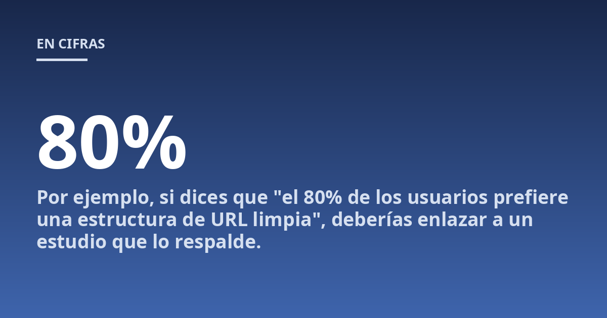 Por ejemplo, si dices que "el 80% de los usuarios prefiere una estructura de URL limpia", deberías enlazar a un estudio que lo respalde.