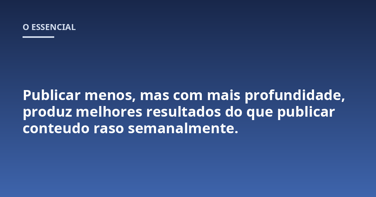 Publicar menos, mas com mais profundidade, produz melhores resultados do que publicar conteudo raso semanalmente.
