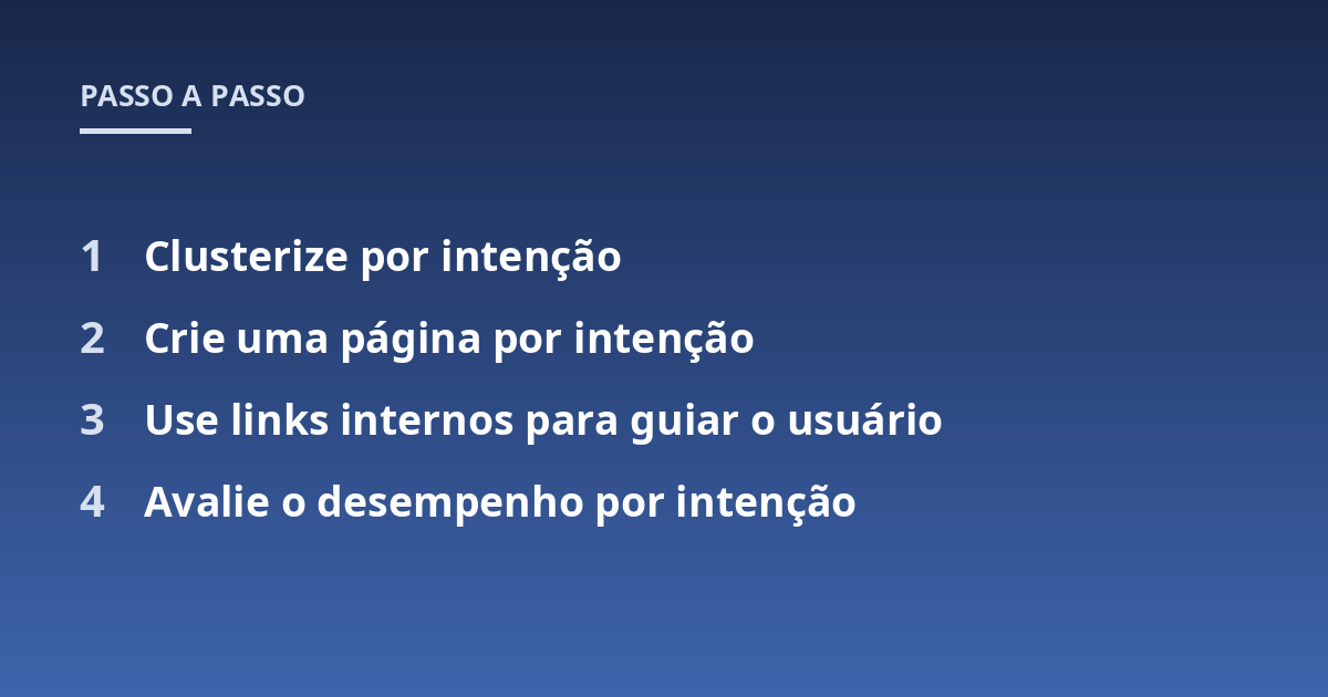 Clusterize por intenção; Crie uma página por intenção; Use links internos para guiar o usuário; Avalie o desempenho por intenção