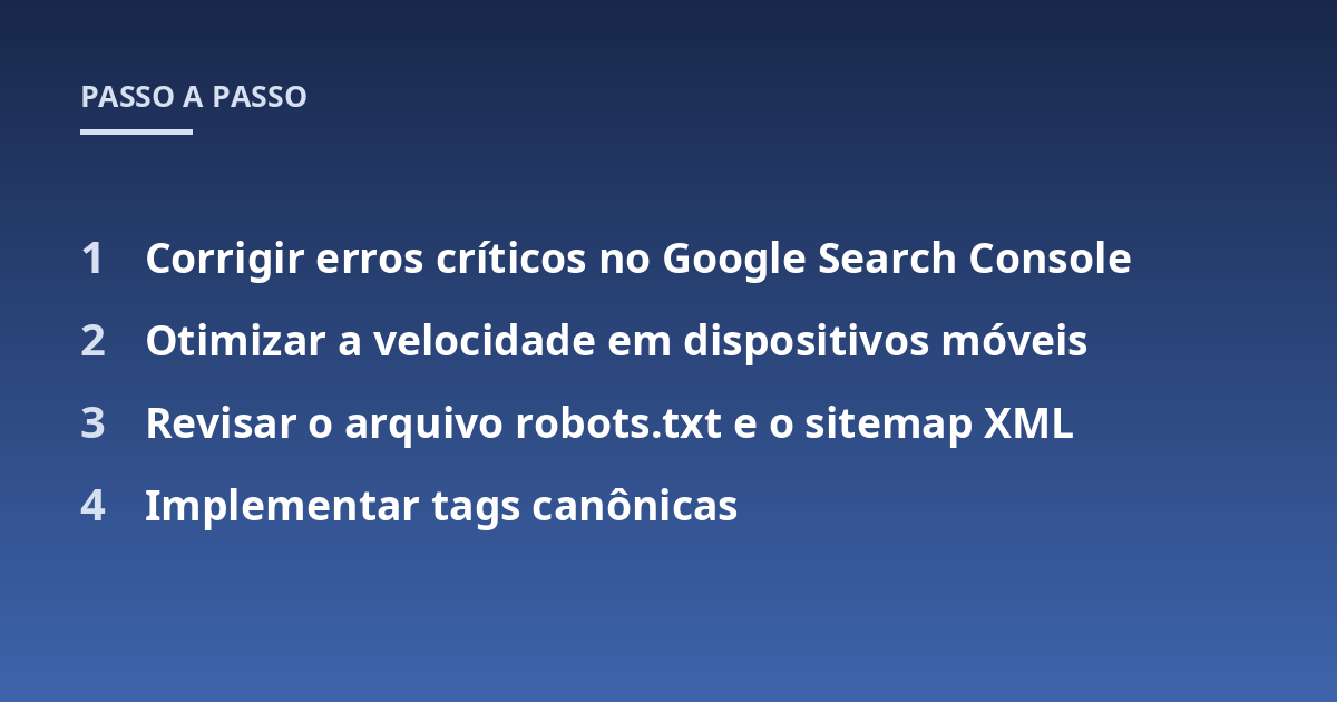 Corrigir erros críticos no Google Search Console; Otimizar a velocidade em dispositivos móveis; Revisar o arquivo robots.txt e o sitemap XML; Implementar tags canônicas