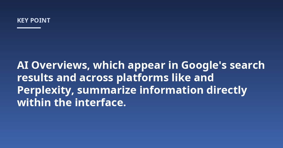 AI Overviews, which appear in Google's search results and across platforms like and Perplexity, summarize information directly within the interface.