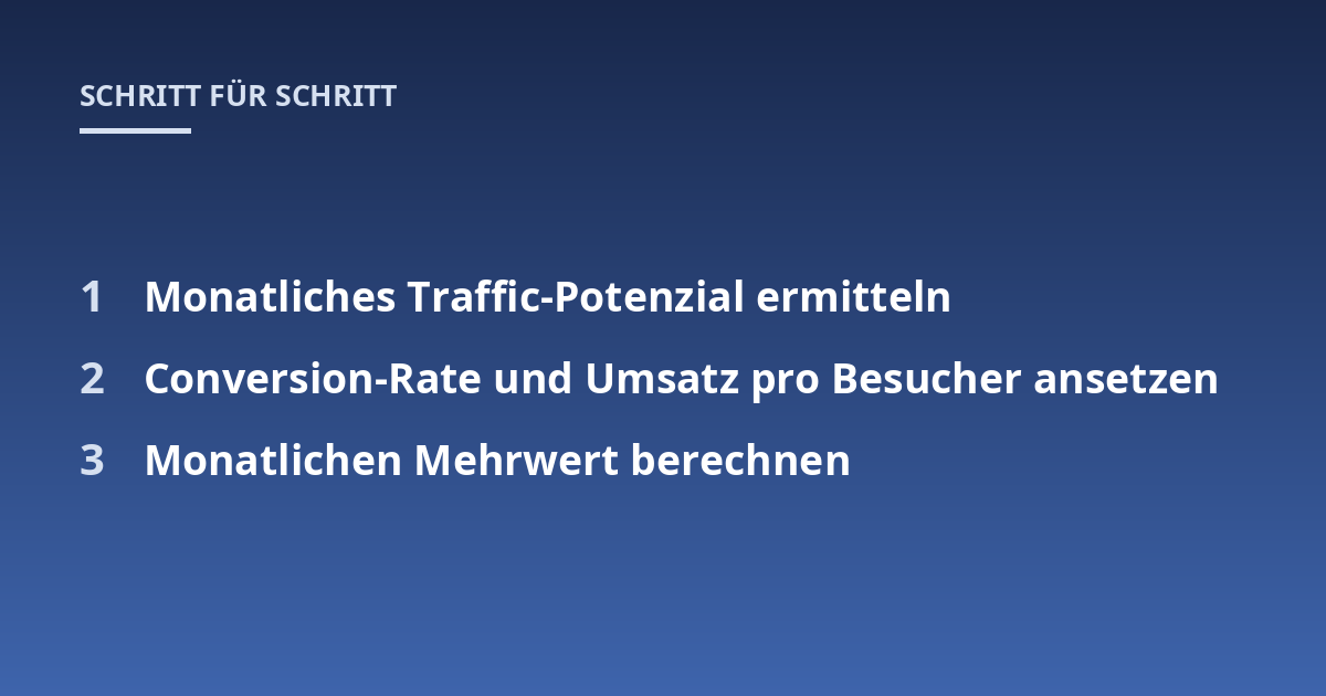 Monatliches Traffic-Potenzial ermitteln; Conversion-Rate und Umsatz pro Besucher ansetzen; Monatlichen Mehrwert berechnen