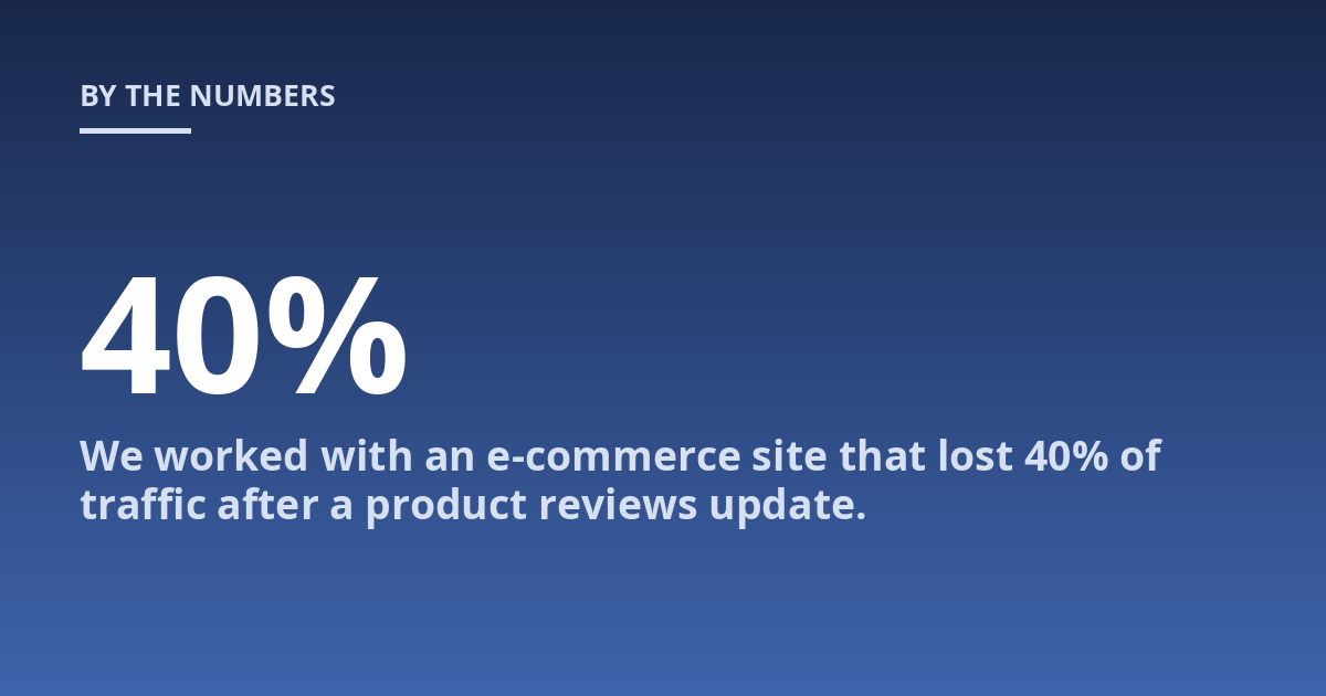 We worked with an e-commerce site that lost 40% of traffic after a product reviews update.
