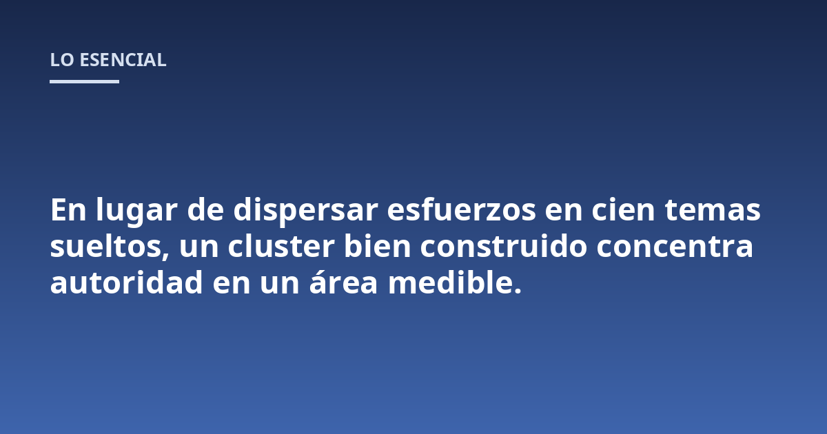 En lugar de dispersar esfuerzos en cien temas sueltos, un cluster bien construido concentra autoridad en un área medible.