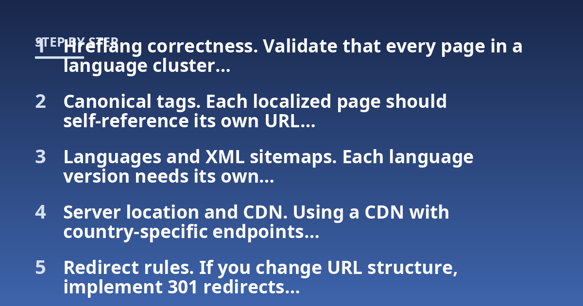 Hreflang correctness. Validate that every page in a language cluster...; Canonical tags. Each localized page should self-reference its own URL...; Languages and XML sitemaps. Each language version needs its own...; Server loca