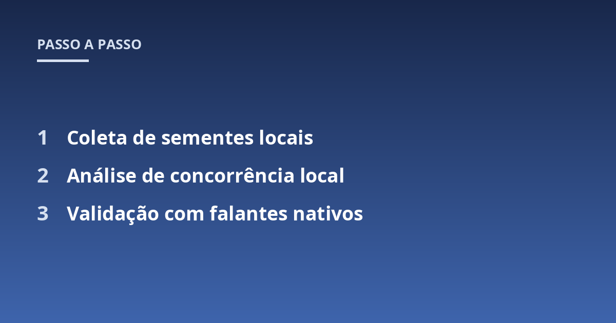 Coleta de sementes locais; Análise de concorrência local; Validação com falantes nativos