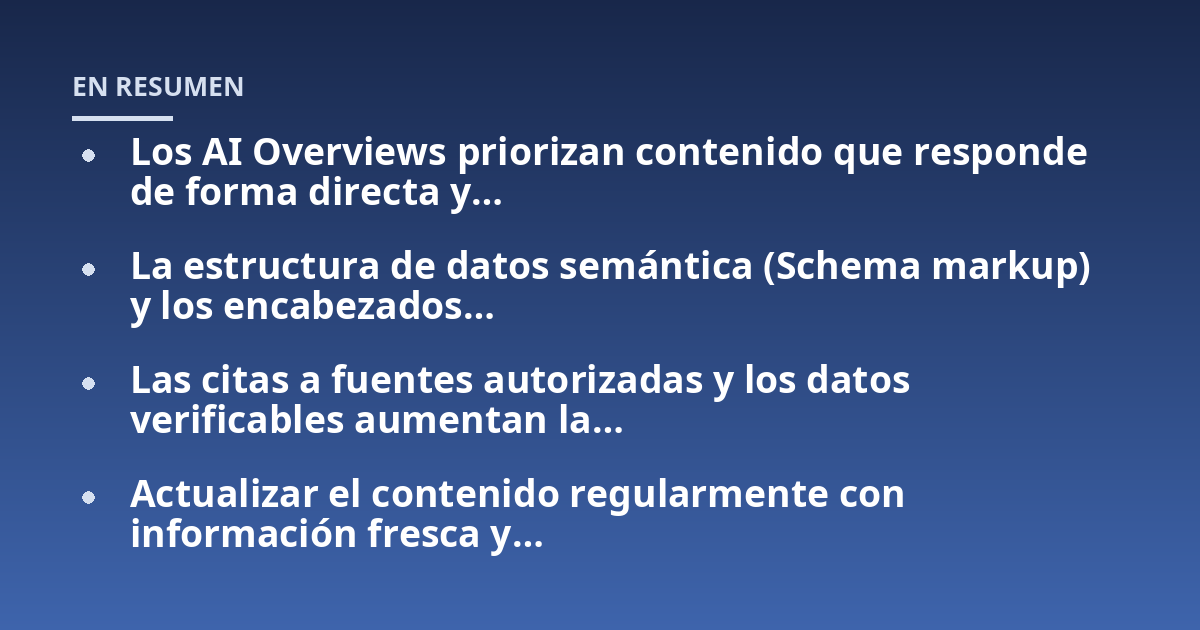 Los AI Overviews priorizan contenido que responde de forma directa y...; La estructura de datos semántica (Schema markup) y los encabezados...; Las citas a fuentes autorizadas y los datos verificables aumentan la...; Actualiza