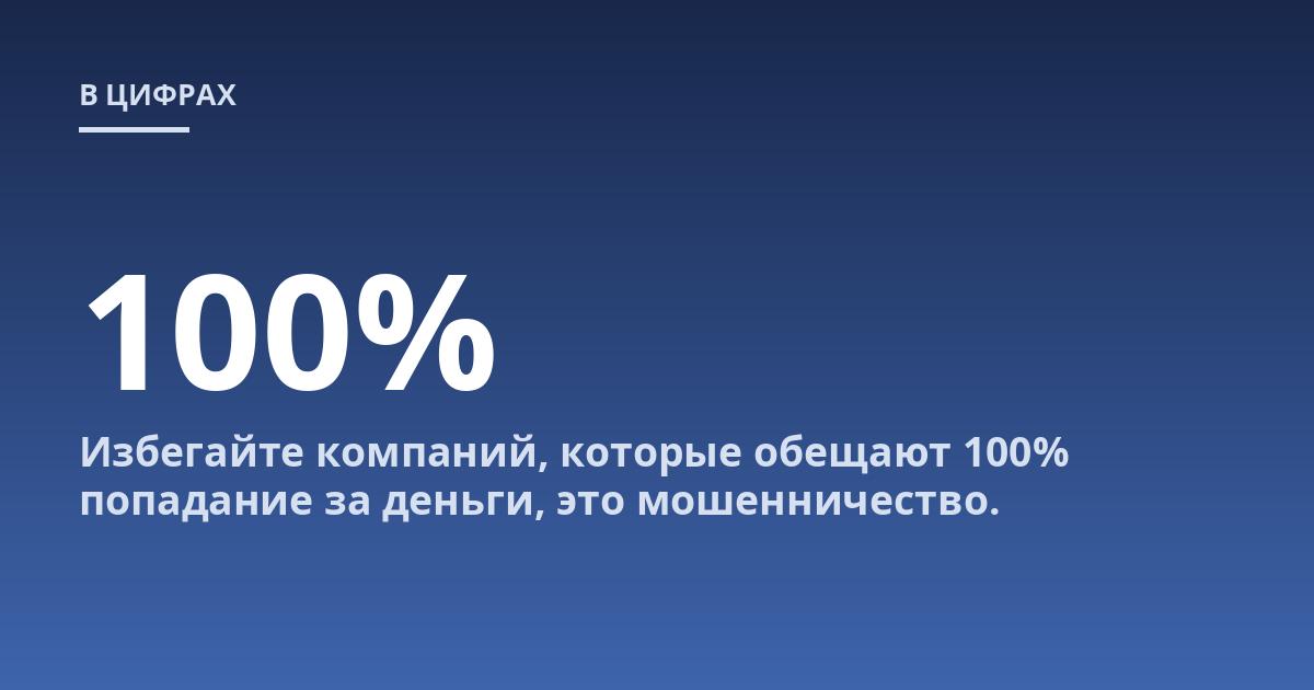 Избегайте компаний, которые обещают 100% попадание за деньги, это мошенничество.