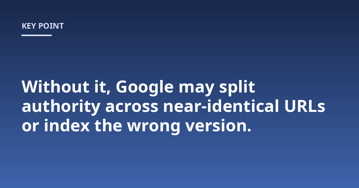 Without it, Google may split authority across near-identical URLs or index the wrong version.