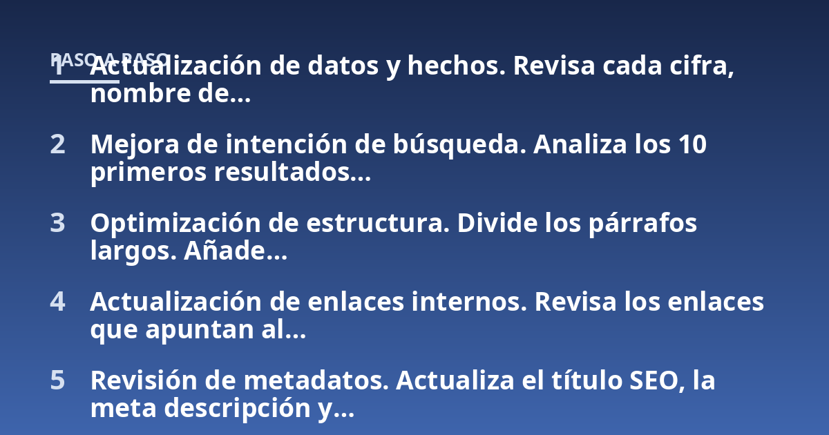 Actualización de datos y hechos. Revisa cada cifra, nombre de...; Mejora de intención de búsqueda. Analiza los 10 primeros resultados...; Optimización de estructura. Divide los párrafos largos. Añade...; Actualización de enlac