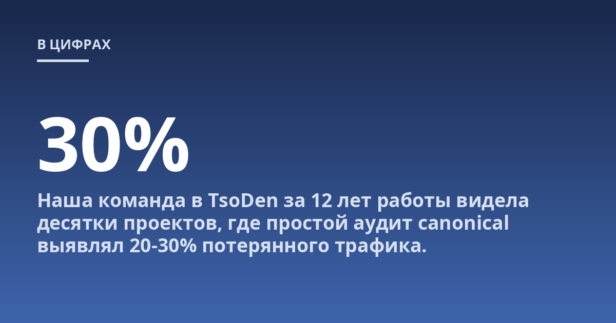 Наша команда в TsoDen за 12 лет работы видела десятки проектов, где простой аудит canonical выявлял 20-30% потерянного трафика.